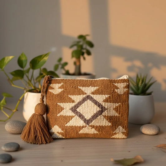 Woven pouch with geometric pattern and tassel on a wooden surface with plants in the background