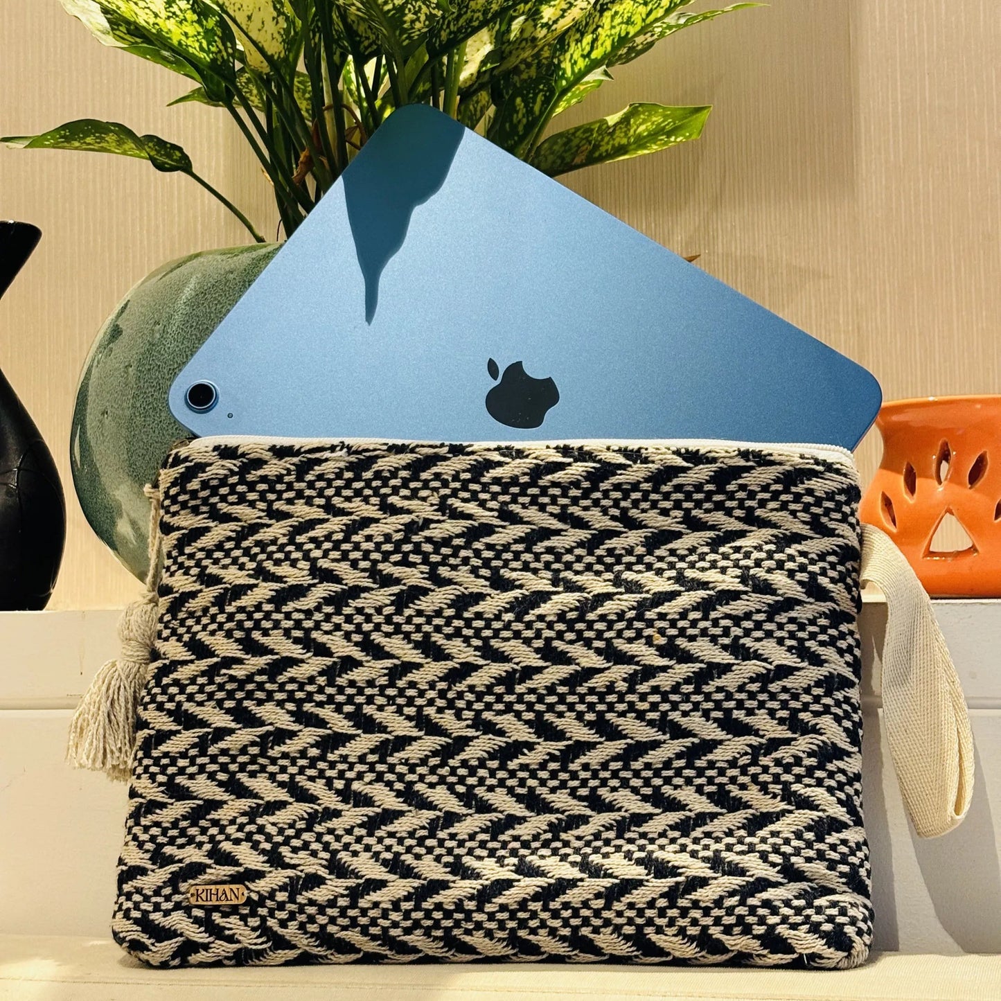 Handloom pouch multipurpose in black woven - ipad view