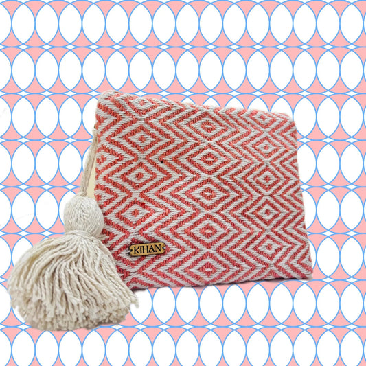 Handloom pouch multipurpose in coral twist - front view