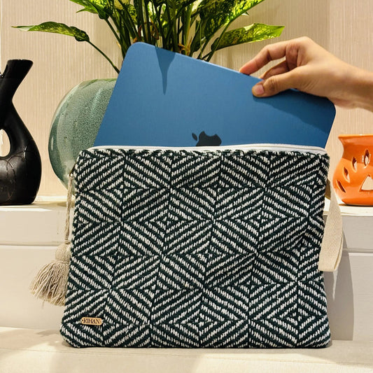 Handloom pouch multipurpose in emerald mosaic - ipad view