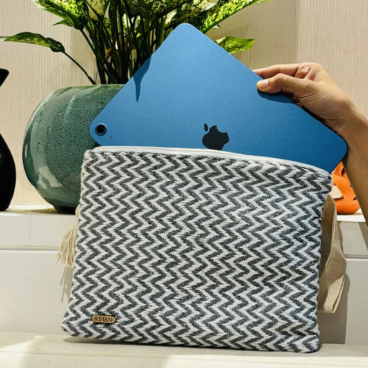 Handloom pouch multipurpose in grey zigzag - ipad view