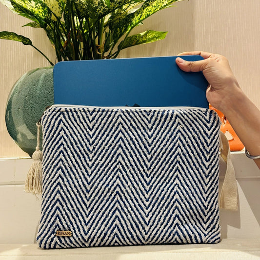 Handloom pouch multipurpose in indigo zigzag - ipad view
