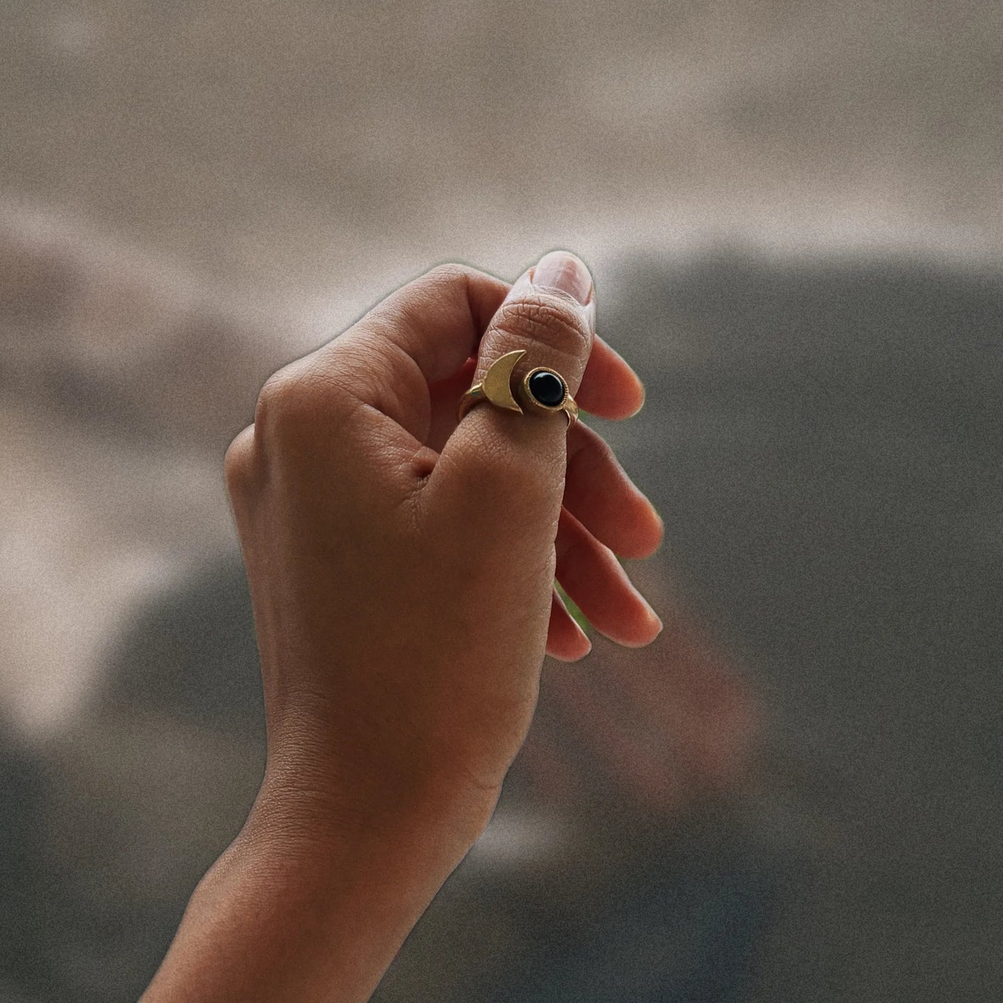 Onyx Crescent Adjustable Ring